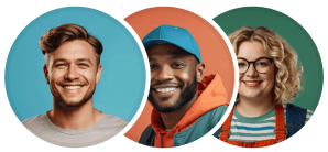 A group of 3 designers individually presented in circles like an avatar; two men and a woman, smiling at the camera. 