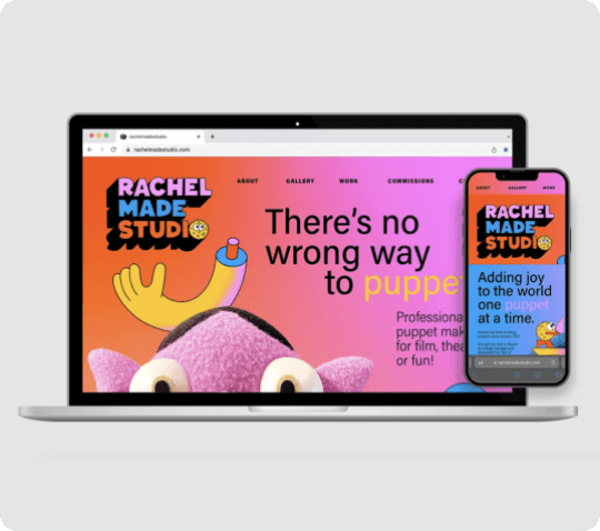 Rachel Made Studio website displayed on laptop and mobile, featuring a puppet design and the headline 'There’s no wrong way to puppet'.
